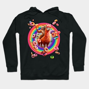 Sloth riding Alpaca drinking Beer among Rainbow Donuts Hoodie